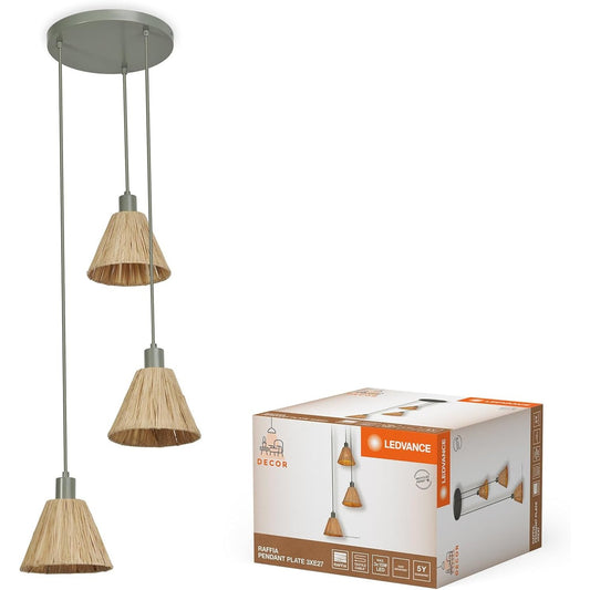 199093 - LEDVANCE Llambë Varëse me 3 Drita, Decor Rafia Plate në Ngjyrë Jeshile, Material Rafia dhe Metal, Prizë E27, Diametër 430 mm, Abazhur nga Material i Ricikluar, Montim i Lehtë