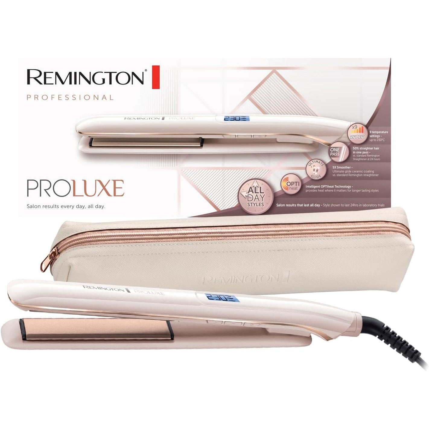 275144 - REMINGTON Pjastër flokësh PROluxe S9100, teknologjia OPTIheat, ekran LCD, 150-230°C, veshje qeramike Ultimate Glide