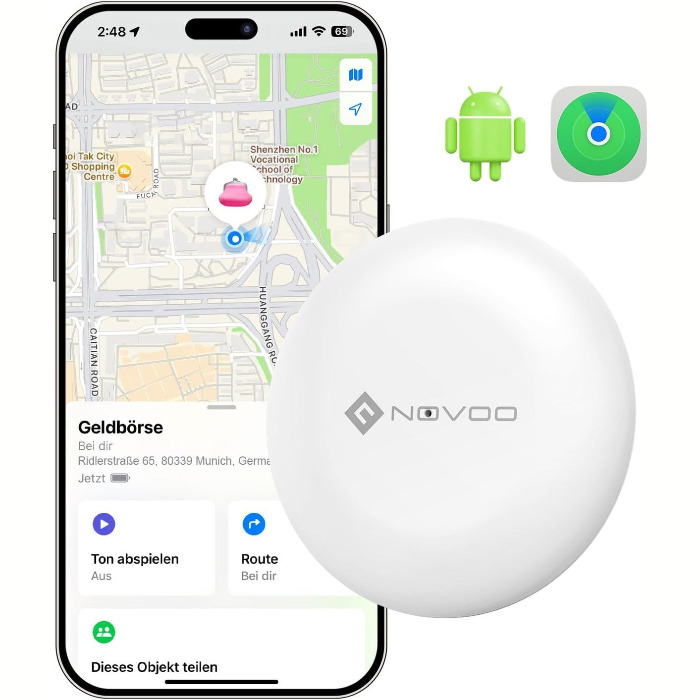 266882 - NOVOO Etiketë Ndjekëse e Portofolit Inteligjent për Apple & Google Find My, Lokator Mini Bluetooth 80dB, Bateri e Zëvendësueshme, 1 copë