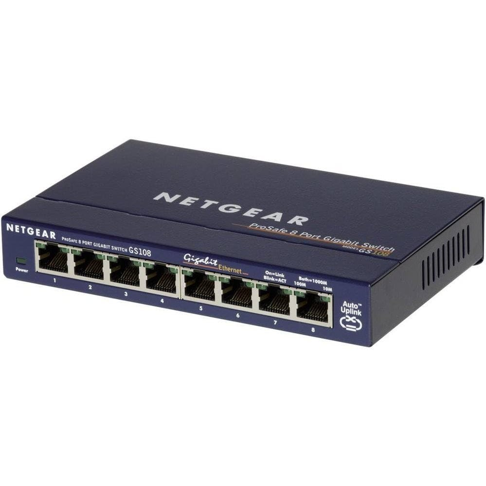 273299 - NETGEAR Ndërprerës LAN NETGEAR GS108GE, Ndërprerës Rrjeti me 8 Porta (Ndarës LAN Gigabit Switch Plug-and-Play, Shpërndarës LAN, Qendër Ethernet, Strehë Metalike pa Ventilator, ProSAFE), Blu