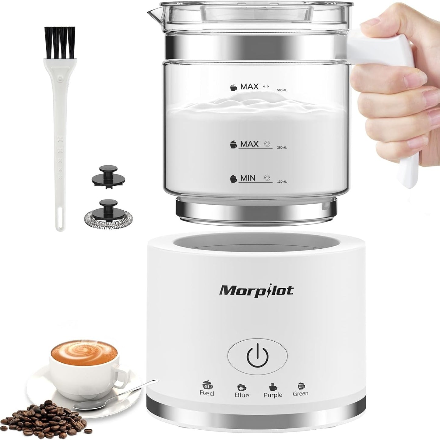 245320 - MORPILOT Shkumëzues Qumështi Elektrike, 500 ml, 600 W, 4-në-1 për Nxehtësi dhe Ftohtësi, I Sigurt për Larje Lavastoviljesh, Gotë, Dizajn Latte, I Bardhë