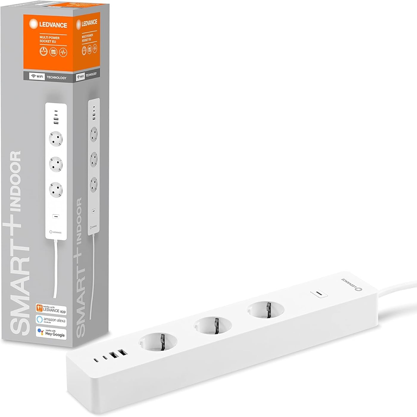 245446 - LEDVANCE Prizë inteligjente me WiFi, shirit elektrik trefishtë me mbrojtje nga mbingarkesa, port USB, kontrollueshëm me aplikacion, Alexa dhe Google