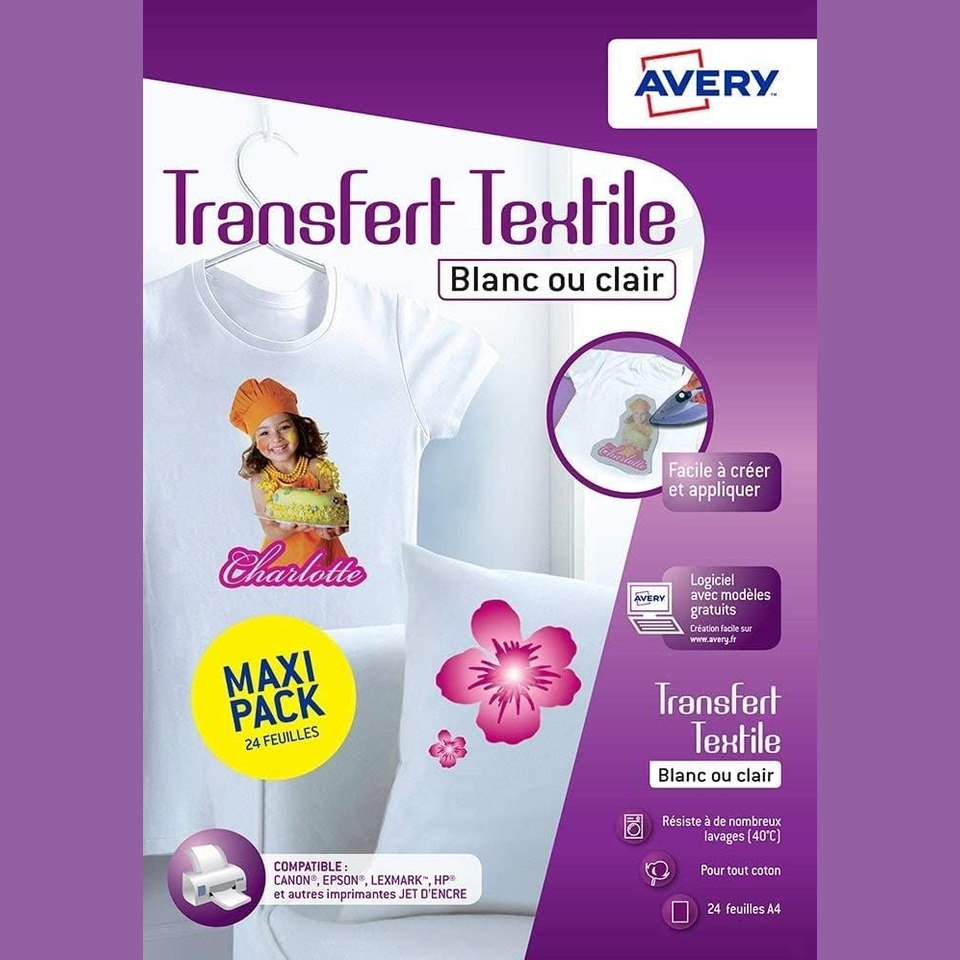 319917 - AVERY Transferta të personalizueshme për tekstile të bardha ose me ngjyra të çelëta - 24 fletë A4 - Printim me bojë