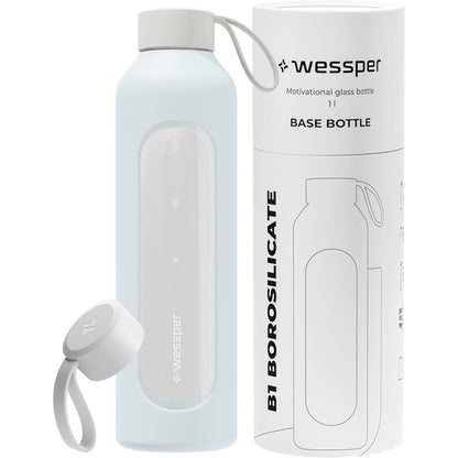 256961 - WESSPER Shishe Uji Crystal, 1 Litër, Shkallë Hidratimi, Qelqi Borosilikat, Mbështjellëse Silikoni, Pa BPA, Blu e Qartë