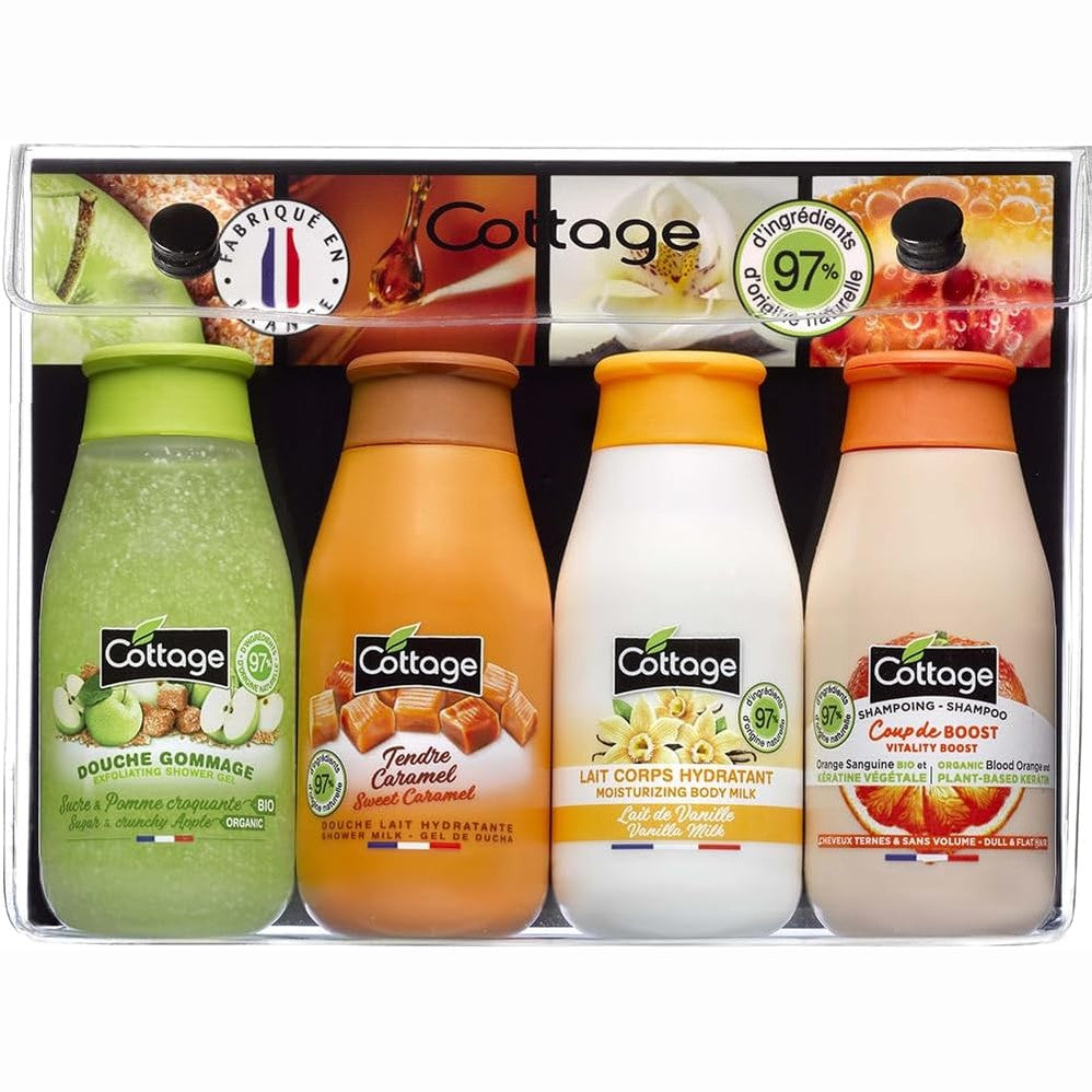297648 - COTTAGE Kit Udhëtimi, 4 x 50 ml, xhel dushi eksfoliues, xhel dushi me qumësht, losion hidratues, shampo i delikat, 97% përbërës natyral