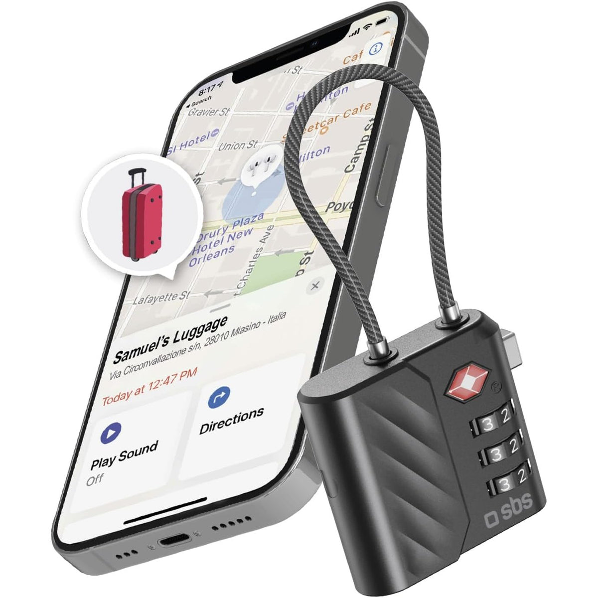 320026 - SBS Track My Lock TSA me Gjetës të Integruar, i pajtueshëm me Apple Find My (iOS), Kombinim 3-Shifror, Alarm 60 dB, Karikim USB-C, Ideal për Valixhe dhe Çanta, E Zezë