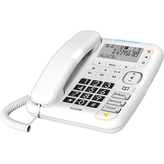 309800 - ALCATEL Telefon fiks me kabëll TMAX 70, Ekran i madh, Butona të mëdhenj, Pa duar, E bardhë