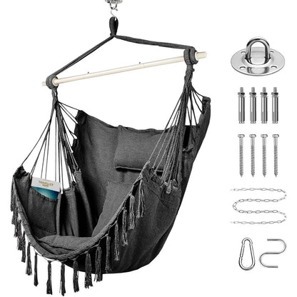 175336 - GOUTIME Karrige Lëkundëse XXL Hamaku, me 2 Jastëkë dhe 1 Jastëk Qafe, Material Pambuku, e varur me Xhepa Anësore dhe Aksesorë Montimi, për Dhomën e Gjumit ose Tarracë - Gri e Errët