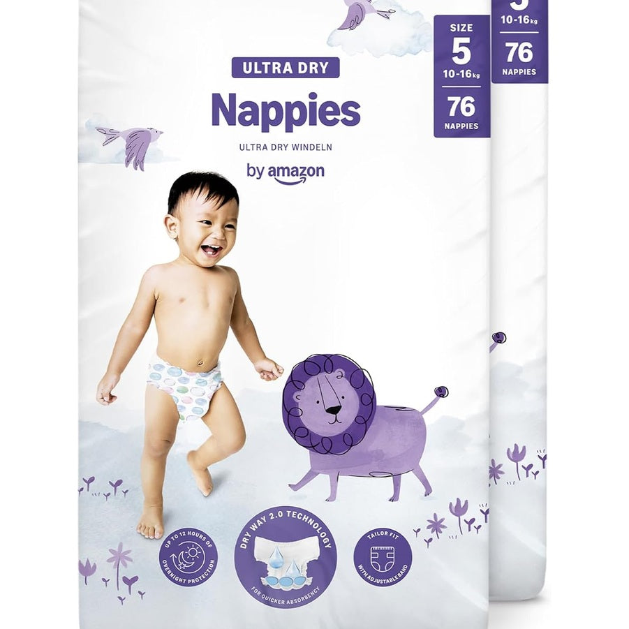 336168 - AMAZON Pelena Ultra të Thata, Madhësia 5 (10-16 kg), 152 copë (2 pako me nga 76)