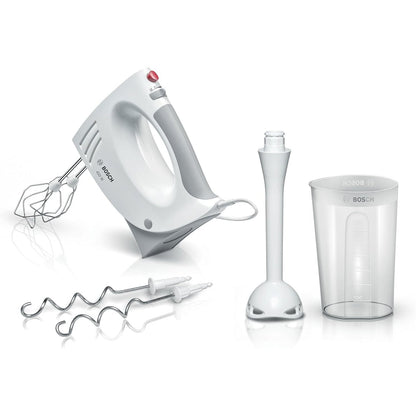 277421 - BOSCH Mikser dore MFQ3540, 2 rrahëse, 2 grepa brumi prej çeliku inox, i sigurt për larje në makinë larëse enësh, 5 shpejtësi, blender zhytës, gotë përzierjeje, 450 W, e bardhë