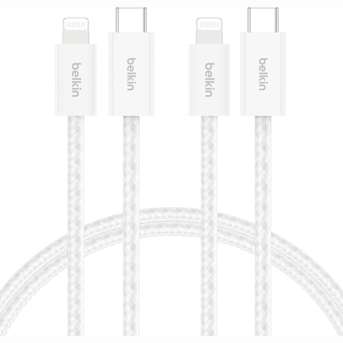 310009 - BELKIN Kabllo USB-C të thurura me 2 copë me lidhës Lightning (1.5 m, me prekje të butë, fleksibël, me karikim të shpejtë, për iPhone 14 dhe modele më të hershme, iPad të gjeneratës së 9-të, AirPods, të bardha)
