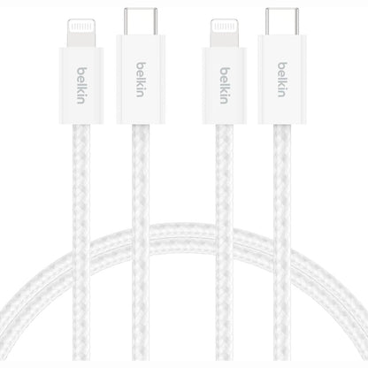 310009 - BELKIN Kabllo USB-C të thurura me 2 copë me lidhës Lightning (1.5 m, me prekje të butë, fleksibël, me karikim të shpejtë, për iPhone 14 dhe modele më të hershme, iPad të gjeneratës së 9-të, AirPods, të bardha)