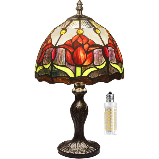 177201 - MIAOKE Llambë Tavoline Klasike me Xham të Ngjyrosur dhe të Punuar me Dorë, e Kuqe, për Dhomë Gjumi, Studio, Zyrë