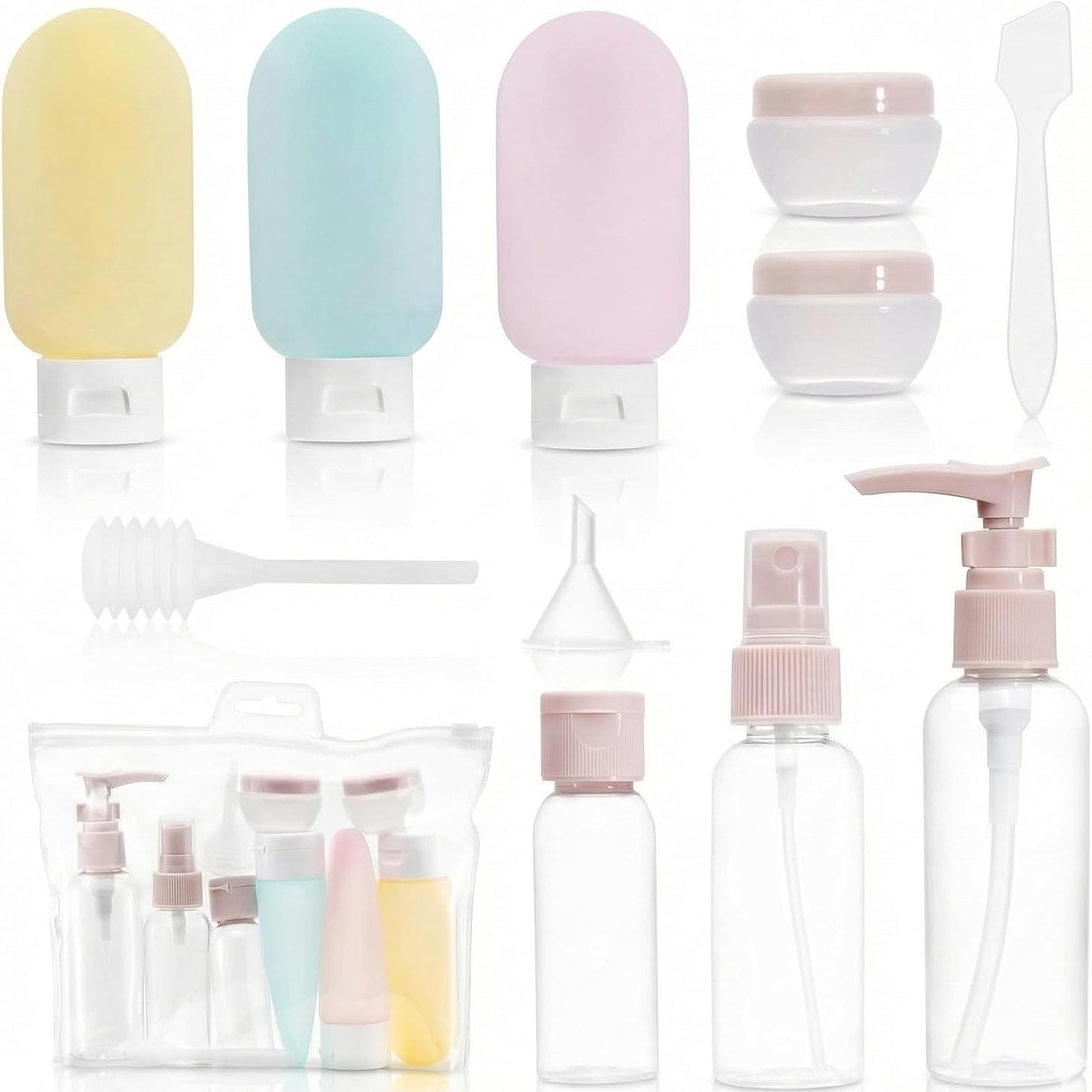 318495 - CAREHABI Kit shishesh udhëtimi me 11 copë, enë udhëtimi të rimbushshme 30/50/60/80ml, shishe spreji transparente bosh, enë e vogël kremi, dozator pompe shampoje, aksesor për aeroplan