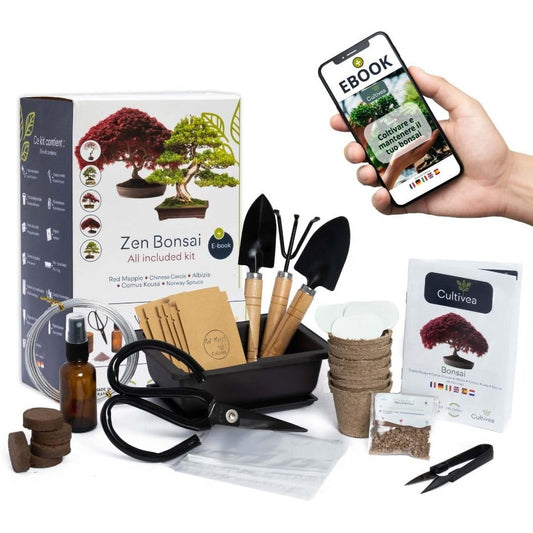 164709 - CULTIVEA® Kit Bonsai Premium - Kopsht i Brendshëm dhe Dekorim me Bimë Natyrale - Përfshi Spango, Pleh, Vegla, Gërshërë të Rrumbullakëta dhe Gërshërë të Vogla Bonsai