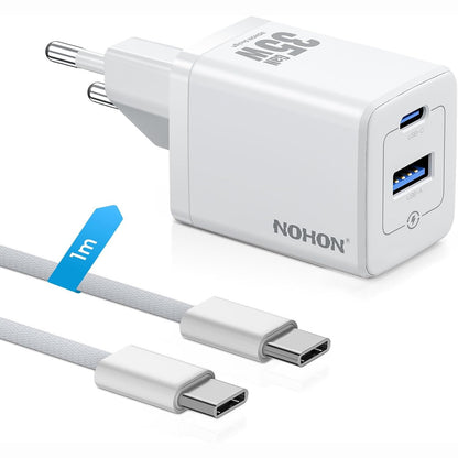267178 - NOHON Karikues i Shpejtë USB-C: Adaptor Energjie USB-C 35W me Kabllo Karikimi 60W Type-C 1M, Karikues Telefoni GaN me 2 Porta i Kompatibil me iPhone 15/14/13/12 Mini Pro Max, iPad Air/Pro, Samsung, Pixel (i Bardhë)