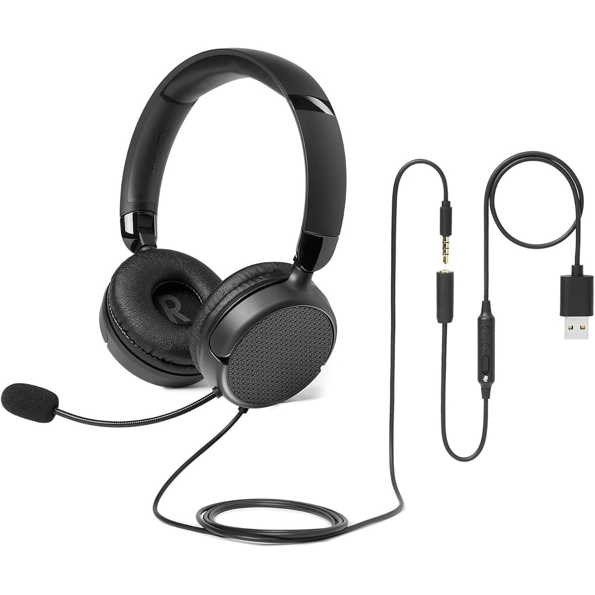 296101 - KUFJE KOMPJUTERI ME TELA AMAZON BASICS PËR NË VESH, ME MIKROFON TË RREGULLUESHËM, PORTË 3.5 MM OSE KONTROLA TË INTEGRUARA ME PORTË USB-A, TË PALOSSHME, MADHËSIA S/M, TË ZEZA