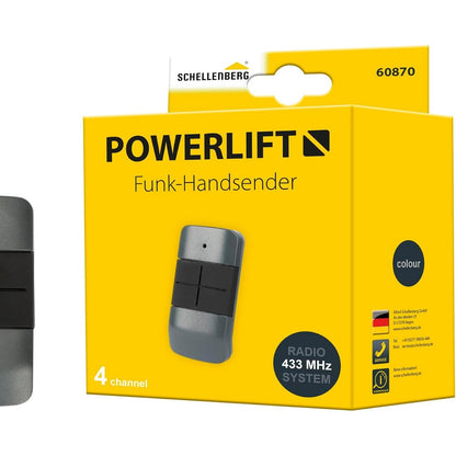 313477 - SCHELLENBERG Telekomandë radioje Powerlift me 4 kanale për hapëse garazhi dhe porte, frekuencë radioje 433.92 MHz, rreze veprimi 40 m në fushë të hapur, përfshirë baterinë, 60870