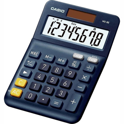 277083 - Casio MS8E Kalkulator për tavolinë, me energji diellore, konvertim valutor, këmbë gome, buton korrigjimi të shpejtë, me energji diellore/bateri, i zi