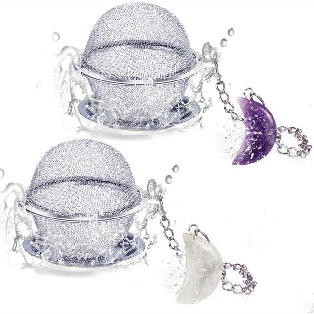 163076 - Infuzues i çajit me 2 pjesë nga INOX, me varëse hënë kristale të bardhë dhe ametist, model sferik me zinxhir të zgjatur për çaj të lirë