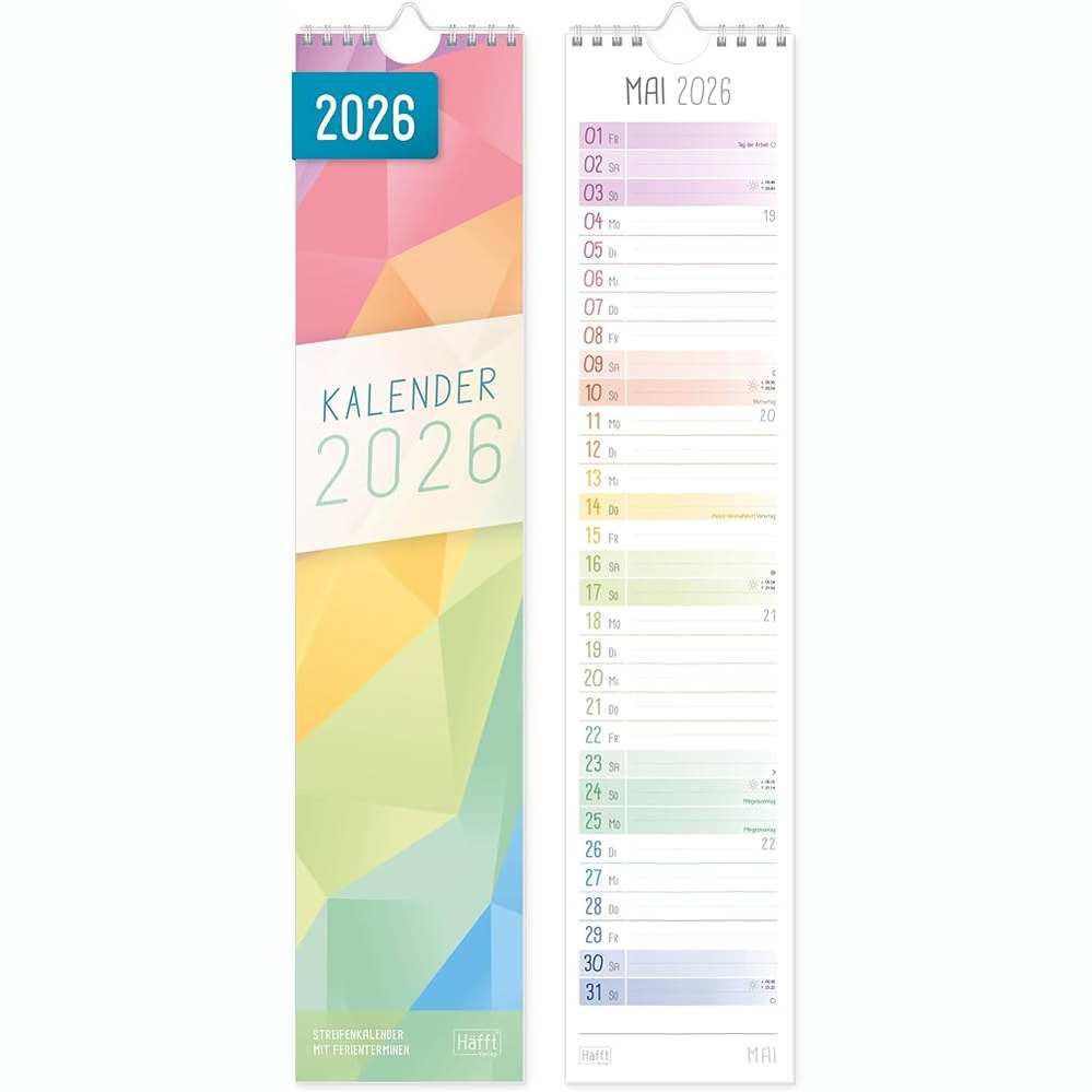 267450 - HÄFFT® Kalendari kompakt me shirita 2026, i ngushtë (9 x 30 cm), kalendar muri mujor për kuzhinë, korridor - data dhe ditëlindje të qarta, i qëndrueshëm dhe miqësor ndaj klimës