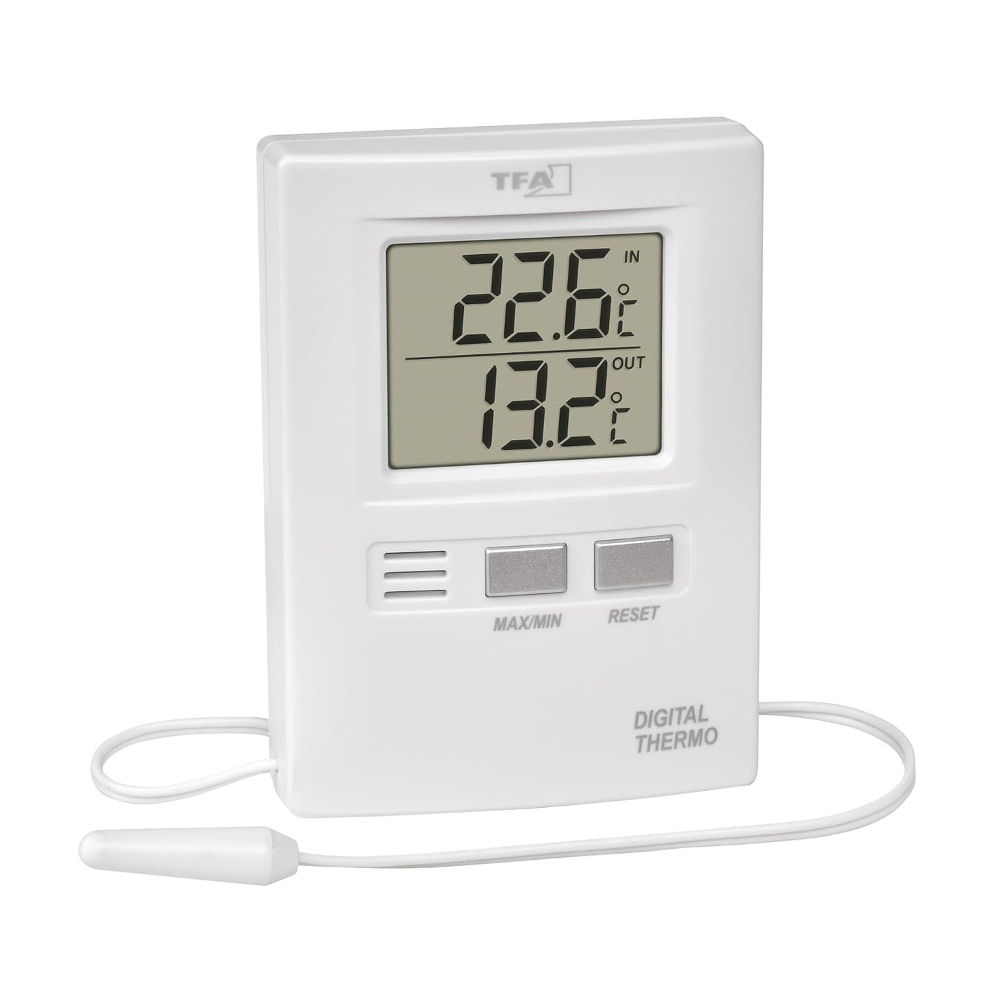 322679 - TFA DOSTMANN - Termometër dixhital për ambiente të brendshme/të jashtme, Gjatësi 62 x Gjerësi 20 (55) x Lartësi 85 mm, i bardhë
