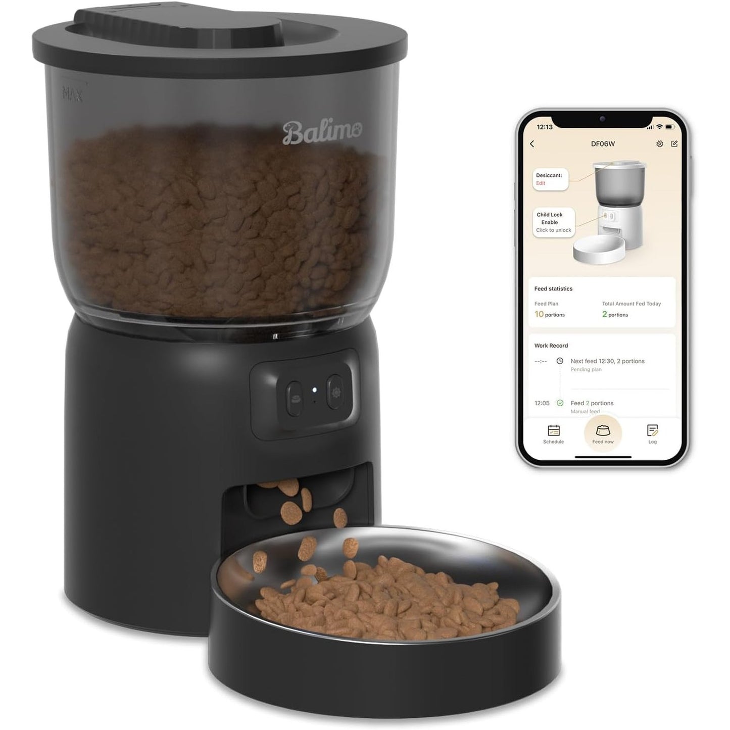 208355 - BALIMO - Dispensues Automatik Ushqimi për Mace, 3L Kapacitet, 2.4G WiFi, Programim i 1-10 Vakte për Ushqyerje, i Përshtatshëm për Qen dhe Mace, Ngjyra e Zi
