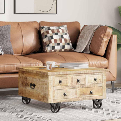 265608 - vidaXL Tavolinë Kafeje prej Druri Mango Masiv 70x70x40 cm me 5 Sirtarë dhe Rrota Hekuri – Stil Industrial