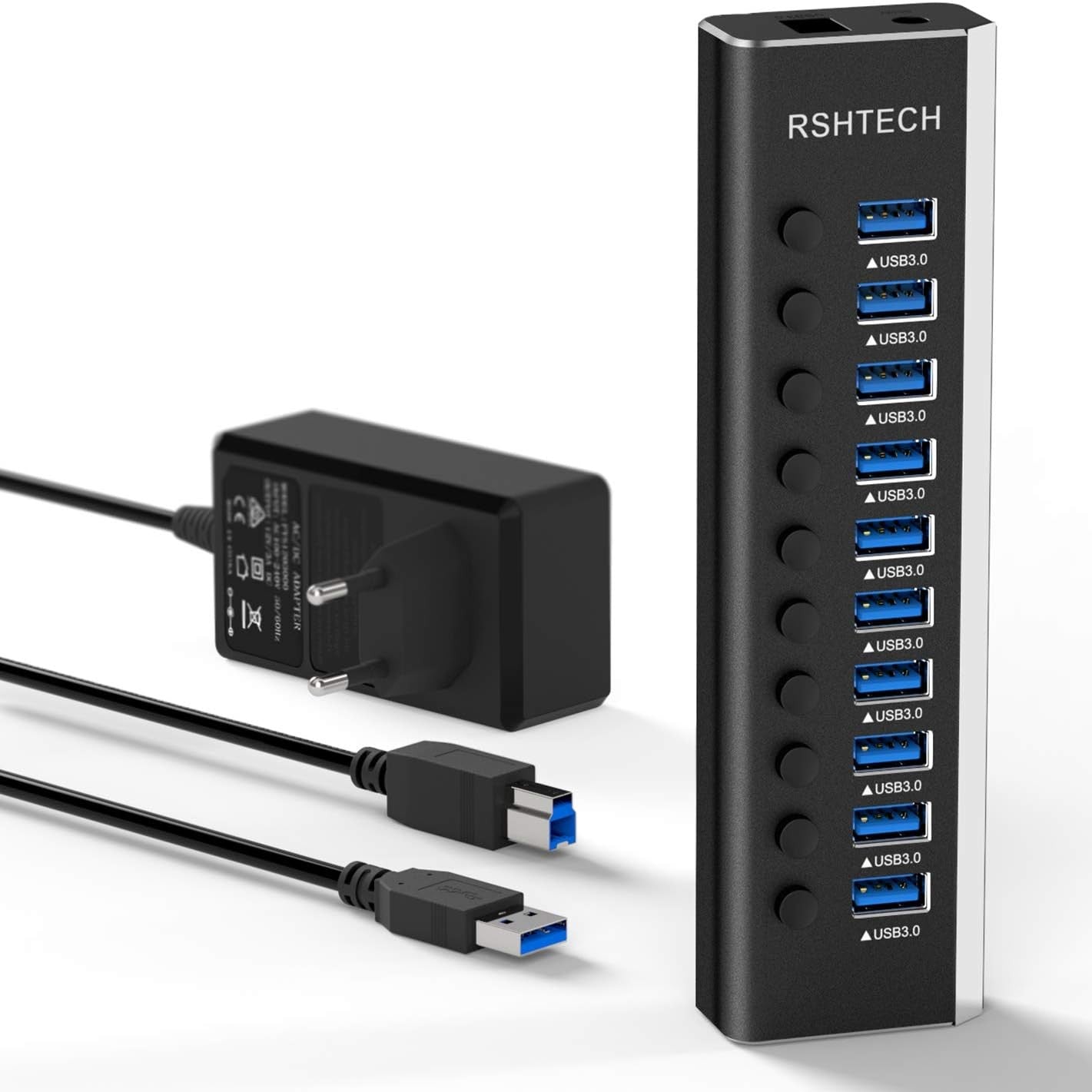 276285 - RSHTECH Hub Aktiv USB 3.0 me Furnizim me Energji 36W (12V/3A) - 10 Porta - Ndarës Shumë-Portash USB 3.0 me Çelës Ndezje/Fikje dhe LED