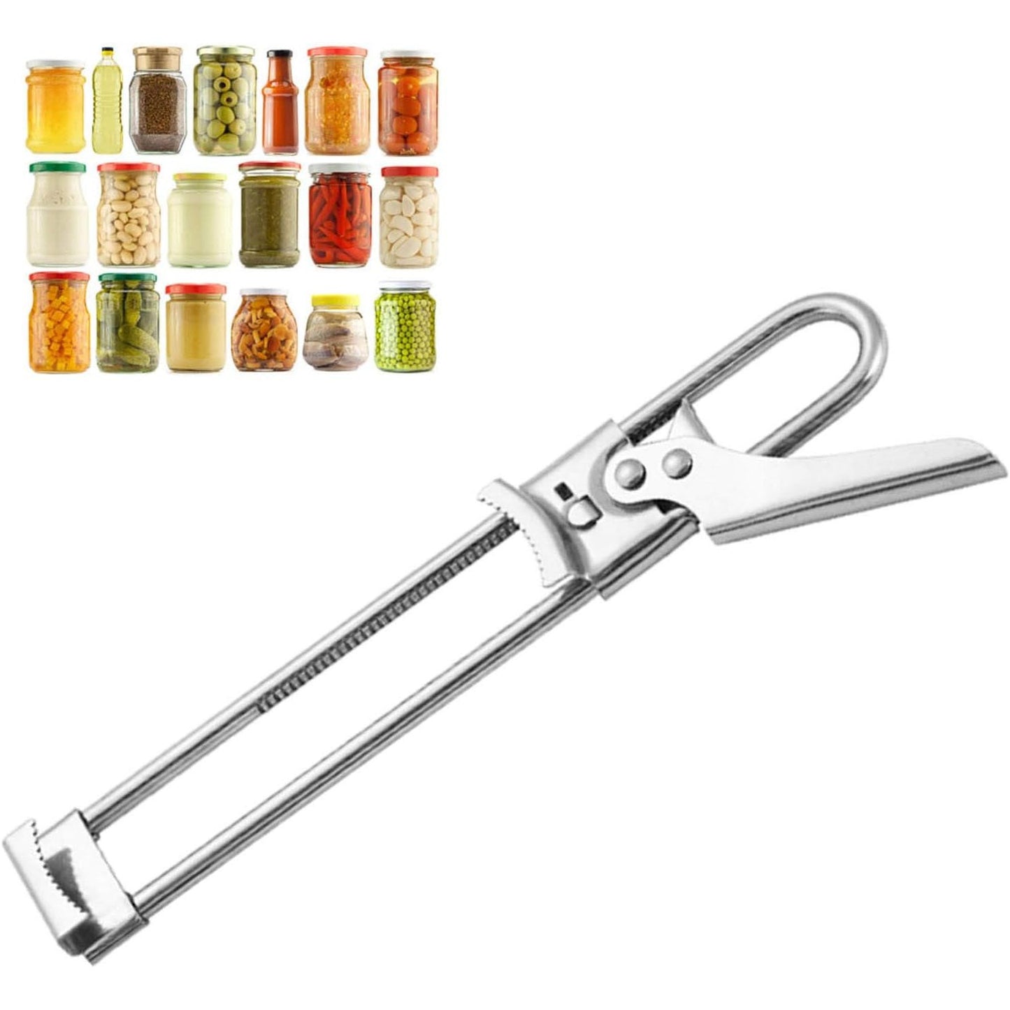 254041 - Hapëse kapaku prej çeliku inox, hapëse kavanozësh, ndihmës hapjeje i rregullueshëm