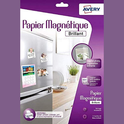 277090 - AVERY 3 fletë letre magnetike të bardhë të personalizueshme, Madhësia A4, E përputhshme me makinat prerëse, Printim me bojë
