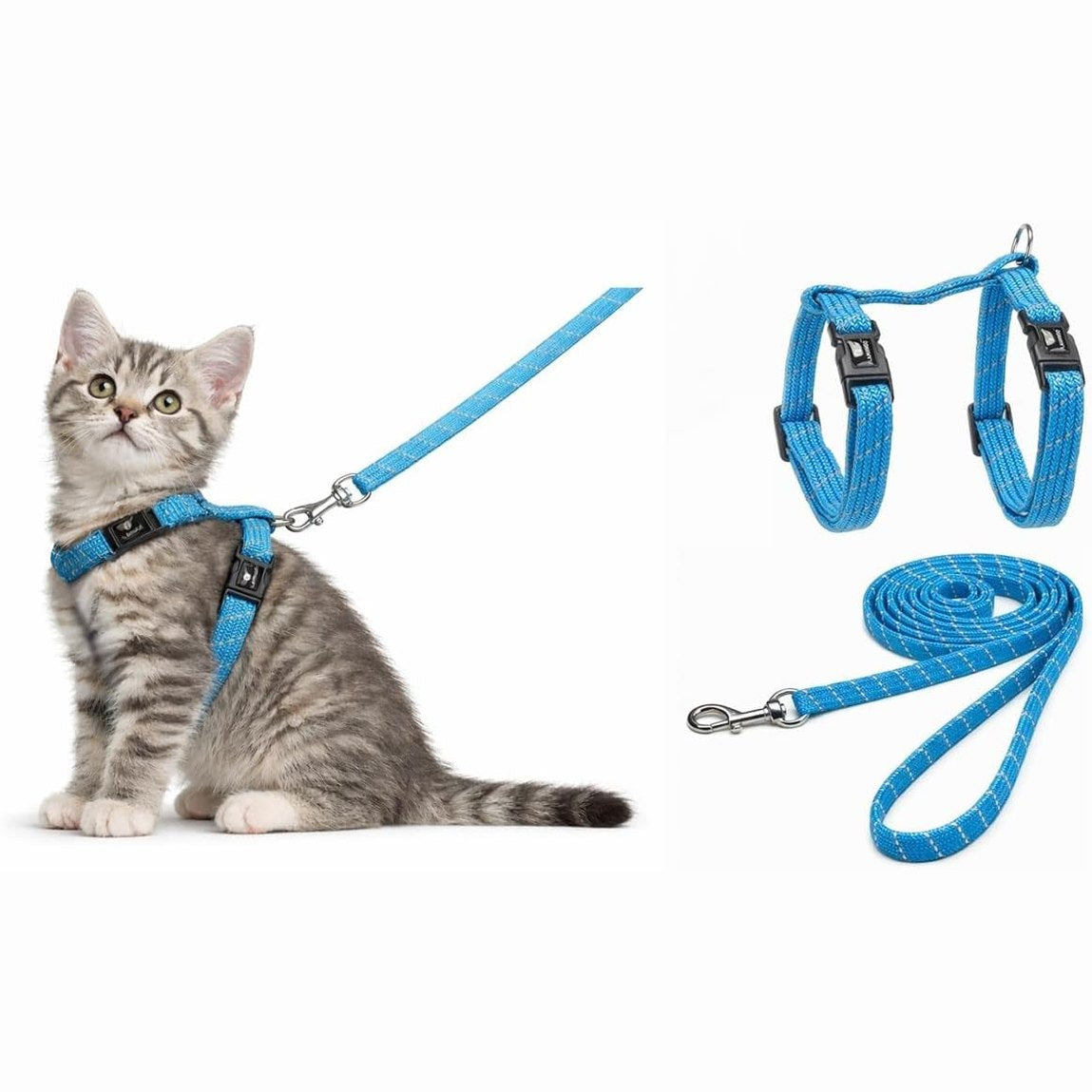 263829 - KITTY ELZA - Parzmore për mace blu, 15-22cm, 20-30cm, Zinxhir 120cm, Najlon i rregullueshëm, reflektues, me karabiner