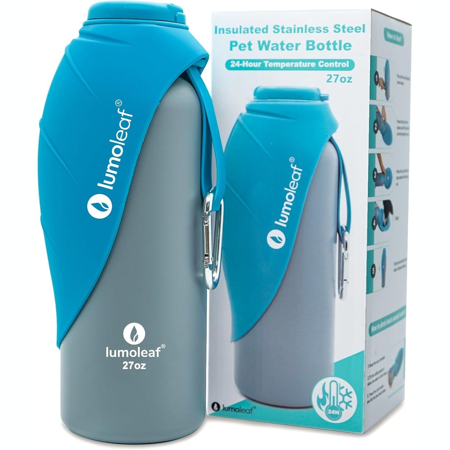 261261 - LUMOLEAF Shishe uji prej çeliku inox e izoluar për qen, 800 ml, mban ujin të freskët ose të ngrohtë, hapje e gjerë për mbushje dhe pastrim të lehtë (Blu, 800 ml)