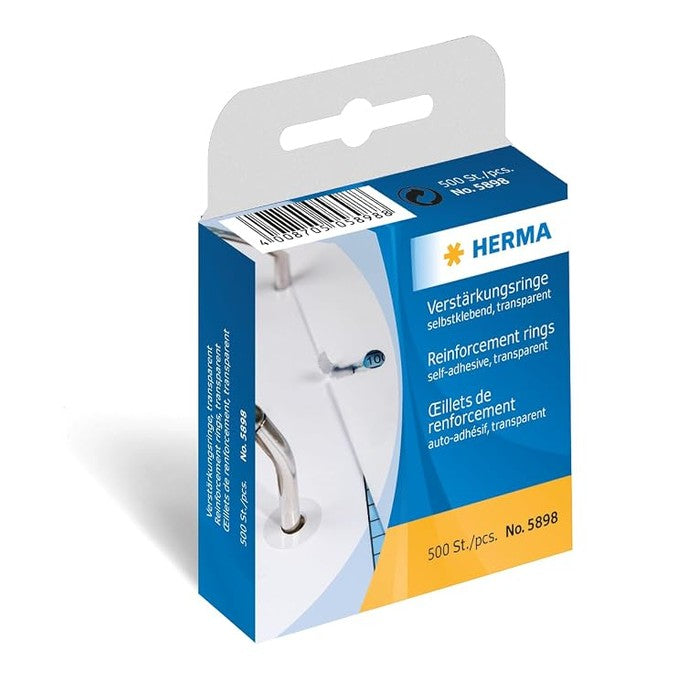267500 - HERMA 5898 Unaza përforcuese në rul, 500 copë, Ø 12 mm, vetëngjitëse, përforcuese vrimash rezistente ndaj grisjes, kutia metalike e bardhë