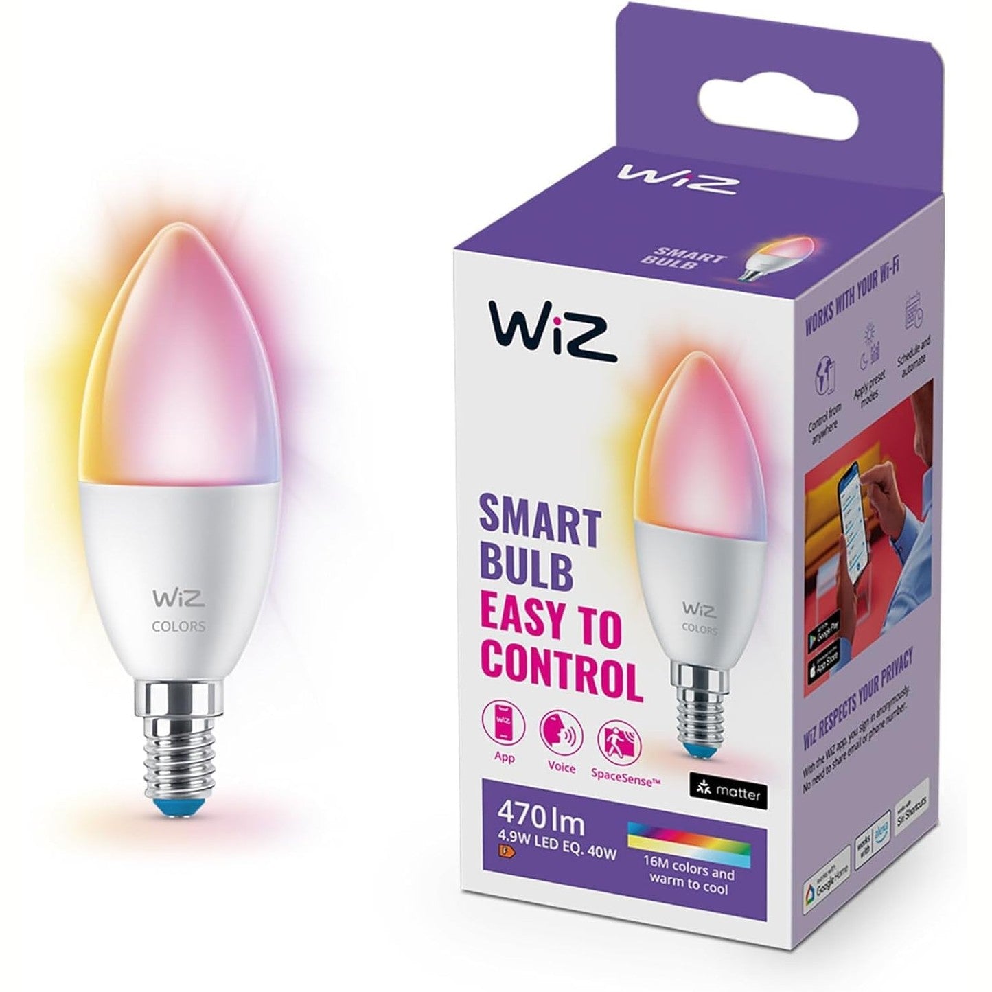 247693 - LLAMBË LED INTELIGJENTE WIZ, ME NGJYRA, LLAMBË FLAKE E14, EKUVALENTE ME 40W, ME SENSOR LËVIZJE, LIDHJE WI-FI, KONTROLL ZANOR, APLIKACION, ALEXA, ASISTENT GOOGLE DHE APPLE HOMEKIT