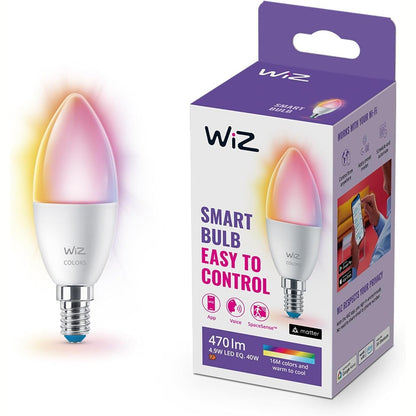247693 - LLAMBË LED INTELIGJENTE WIZ, ME NGJYRA, LLAMBË FLAKE E14, EKUVALENTE ME 40W, ME SENSOR LËVIZJE, LIDHJE WI-FI, KONTROLL ZANOR, APLIKACION, ALEXA, ASISTENT GOOGLE DHE APPLE HOMEKIT