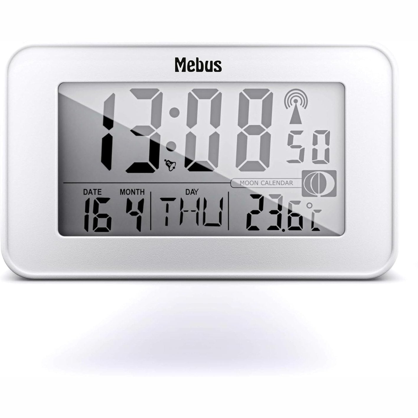 223915 - MEBUS Orë alarmi dixhitale me radio, kalendar hënor, dritë, termometër i brendshëm, 2 orë alarmi, funksion shtyrjeje, Plastik, E bardhë, Modeli: 51461