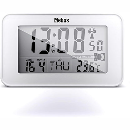 223915 - MEBUS Orë alarmi dixhitale me radio, kalendar hënor, dritë, termometër i brendshëm, 2 orë alarmi, funksion shtyrjeje, Plastik, E bardhë, Modeli: 51461