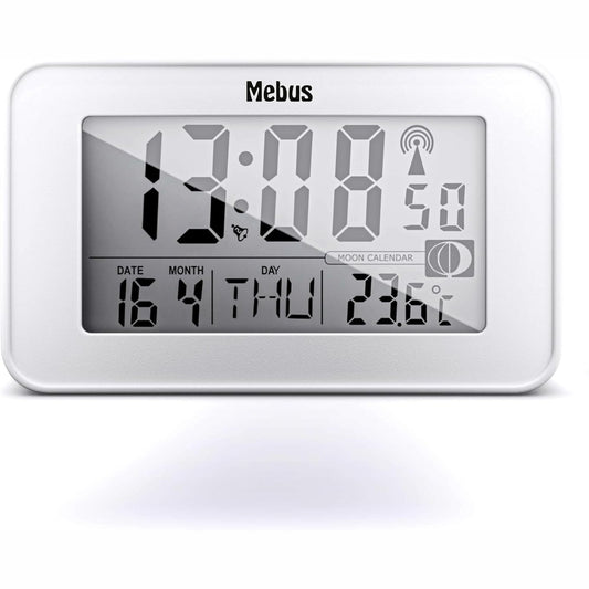 223915 - MEBUS Orë alarmi dixhitale me radio, kalendar hënor, dritë, termometër i brendshëm, 2 orë alarmi, funksion shtyrjeje, Plastik, E bardhë, Modeli: 51461