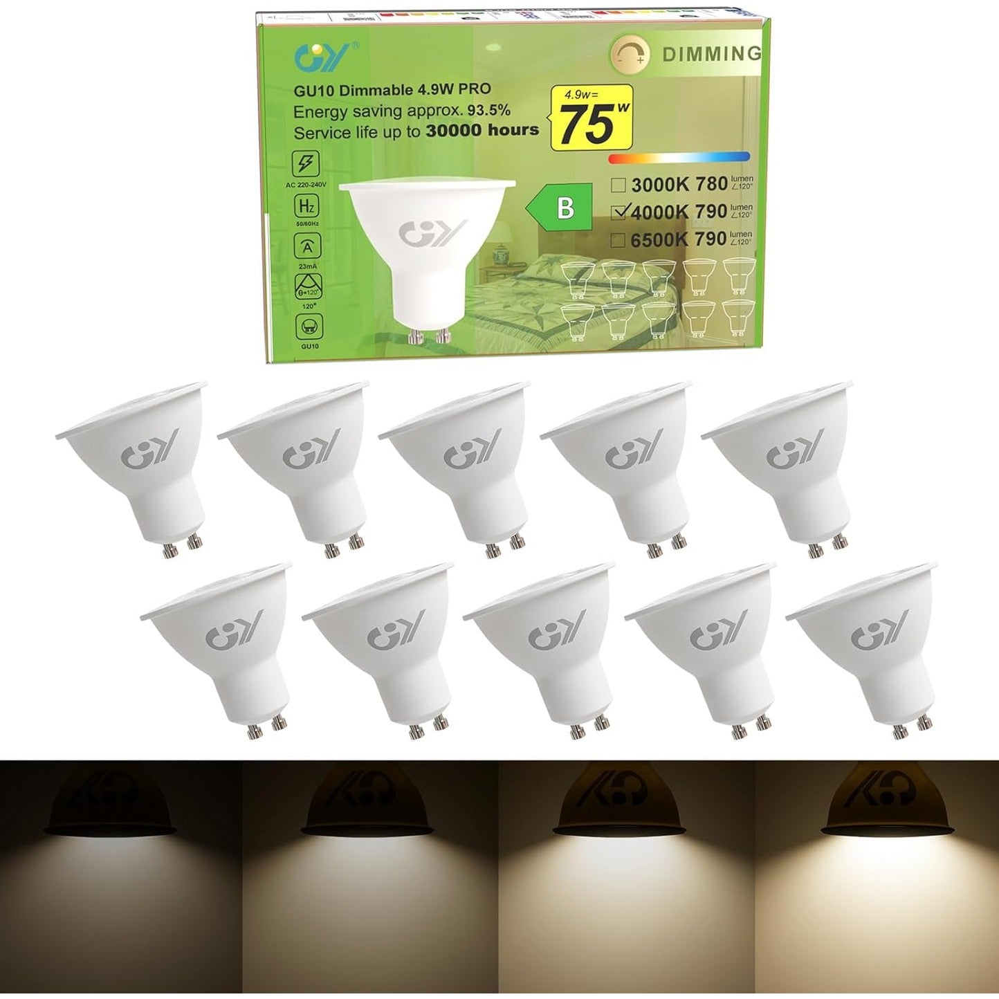 218030 - LLAMBË LED GY GU10 ME ERRËSIM 4.9W 790LM, 4000K E BARDHË NEUTRALE, KËND RREZETIMI 110°, KURSIM ENERGJIE, MBROJTJE PËR SYTË, 10 NJËSI (PAKO ME 1)
