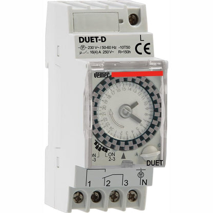 239774 - VEMER VP879100 DUET-D Kohëmatës Elektromekanik, Ndërprerës me Programim Ditor, Instalim në Shinë DIN, Gri e Çelët