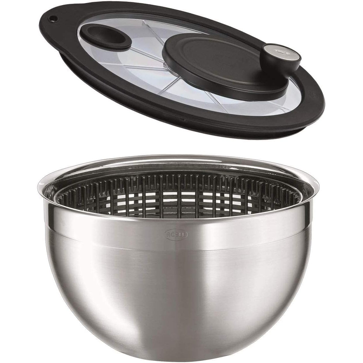 195196 - RÖSLE Tjerrës Sallate, Çelik Inox 18/10, Me Kapak Dhe Bosht me Raport 4:1, Diametër 24 cm, Përmasa 27 x 25.5 x 18.5 cm, I Përshtatshëm për Lavastovilje