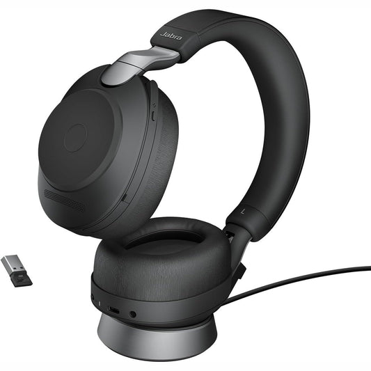 272577 - Jabra Kufje pa tel Evolve2 85 me stacion karikimi, anulim zhurmash Microsoft Teams, kufje stereo të çertifikuara, jetëgjatësi të gjatë baterie, adaptues Bluetooth USB-A - i zi