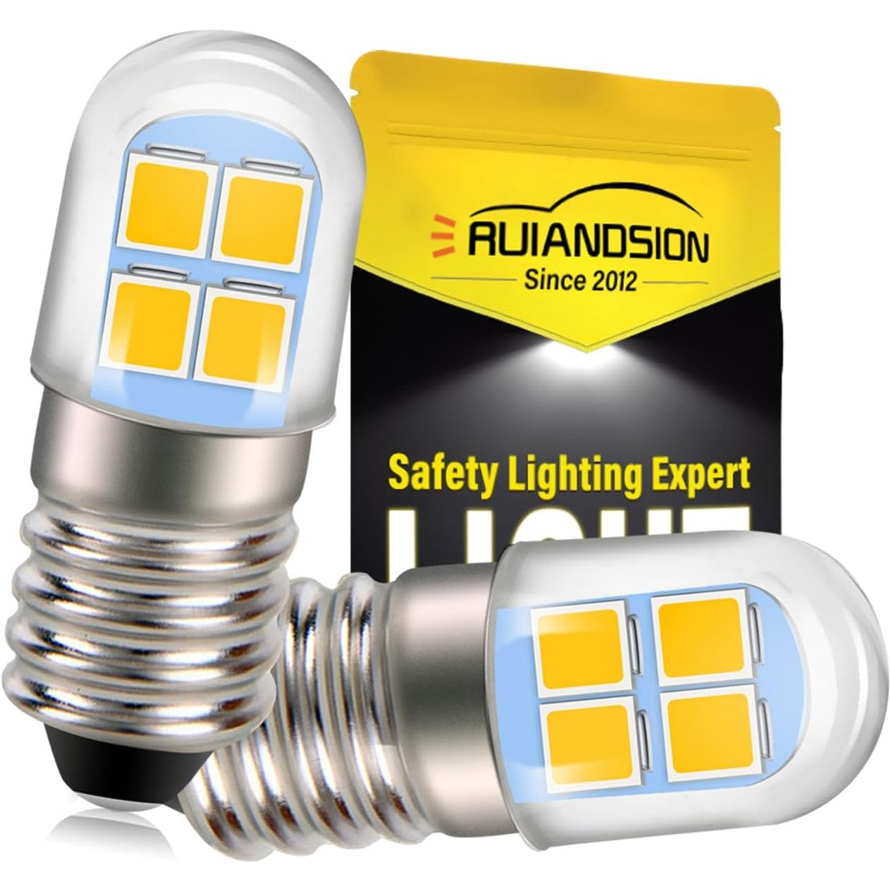 198851 - RUIANDSION, Llambë LED E10, 4.5V - 6V, me Bazë Vidje, me Çipa 2835 8SMD, Ngjyre e Verdhë, Përdorim për Drita Fenerësh dhe Jopolare, Pako me 2 Copë