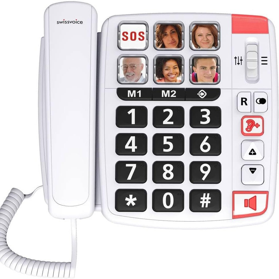 299530 - SWISSVOICE Xtra 1110 - Telefon fiks me kabllo - Butona të mëdhenj - 6 butona thirrjeje të shpejtë me foto - Zile shumë të larta - Dritë treguese - Përforcim audio - I pajtueshëm me aparat dëgjimi - I bardhë