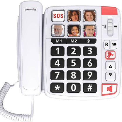 299530 - SWISSVOICE Xtra 1110 - Telefon fiks me kabllo - Butona të mëdhenj - 6 butona thirrjeje të shpejtë me foto - Zile shumë të larta - Dritë treguese - Përforcim audio - I pajtueshëm me aparat dëgjimi - I bardhë