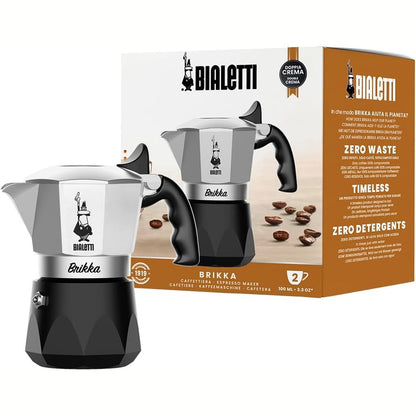 183830 - BIALETTI New Brikka 2023 - Moka Pot e vetme që Prodhon Kafe Ekspres Kremoze, Kapaciteti për 2 Filxhanë, Materiali i Aluminit, Ngjyra e Zezë