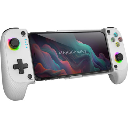 305296 - MARSGAMING MGPX, Gamepad Bluetooth 5.0 2-në-1, RGB Neon, Funksion Dridhjeje të Dyfishtë dhe Turbo, Mbështetje për Telefona të Mençur deri në 6.8", Kontrollues i Kompatibil me PC, Android, iOS dhe Konzola, USB-C, E Bardhë