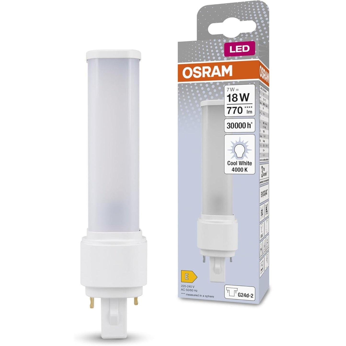 188526 - OSRAM Llambë LED DULUX D 18, prizë G24D-2, 7 vat, 700 lumen, e bardhë e ftohtë (4000K), e rrotullueshme, zëvendësim për llambën konvencionale 18W