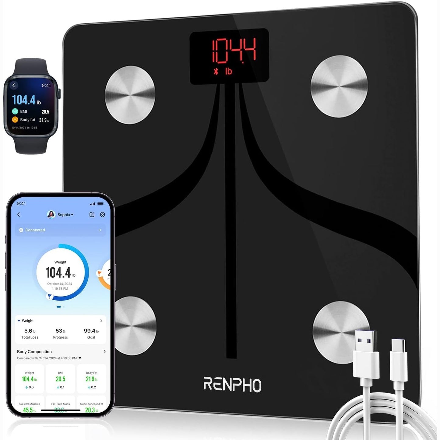 293147 - RENPHO Peshore dixhitale inteligjente, rikarikueshme me USB-C, Analizë e dhjamit trupor, kapacitet 180 kg, e zezë